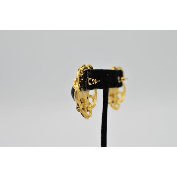 Vintage Cabochon Earrings Chain Link Round Gold Black Beaded Chunky NOS 1980s 9H - Picture 6 of 9